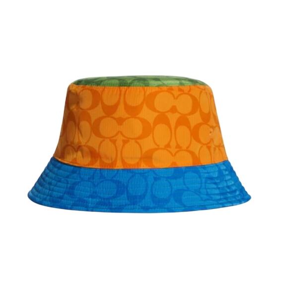 COACH REVERSIBLE COLORBLOCK SIGNATURE BUCKET HAT MULTICOLOR ORANGE, BLUE, GREEN - Picture 1 of 2